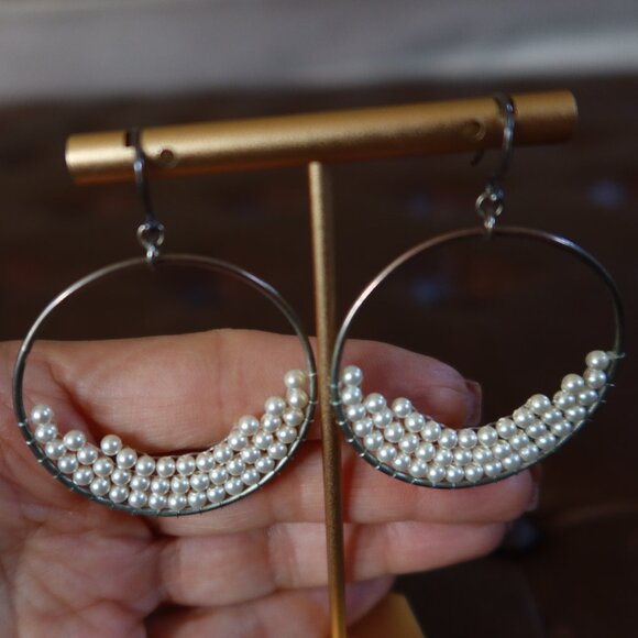 Chan Luu tiny pearl and silver front facing hoops earrings 2" long drops - Picture 3 of 13